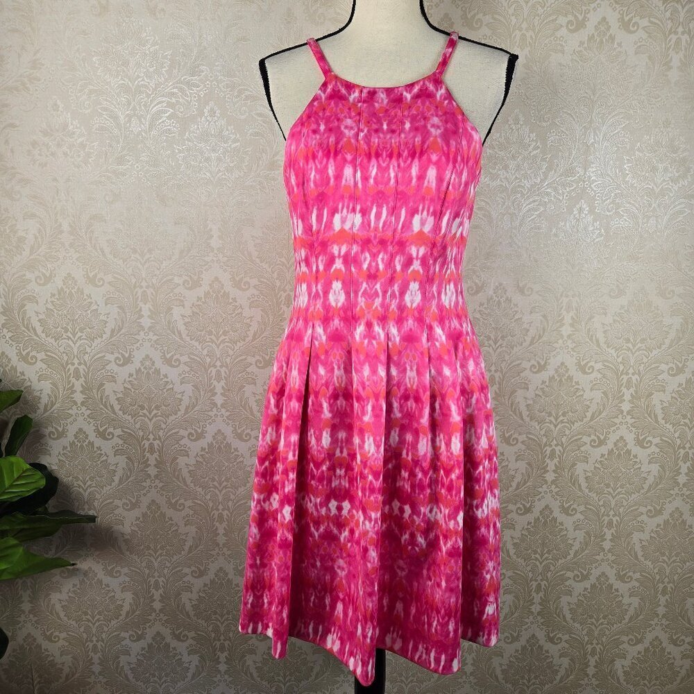 Calvin Klein Size 6 Pink White Watercolor Print Halter Neck Dress Pockets